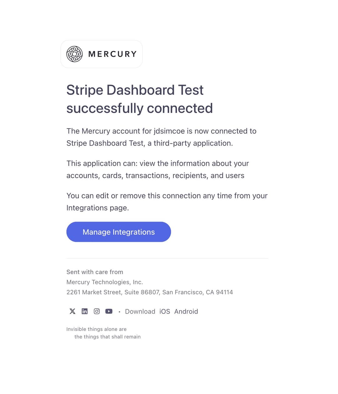 The Mercury activation email confirming a successful connection