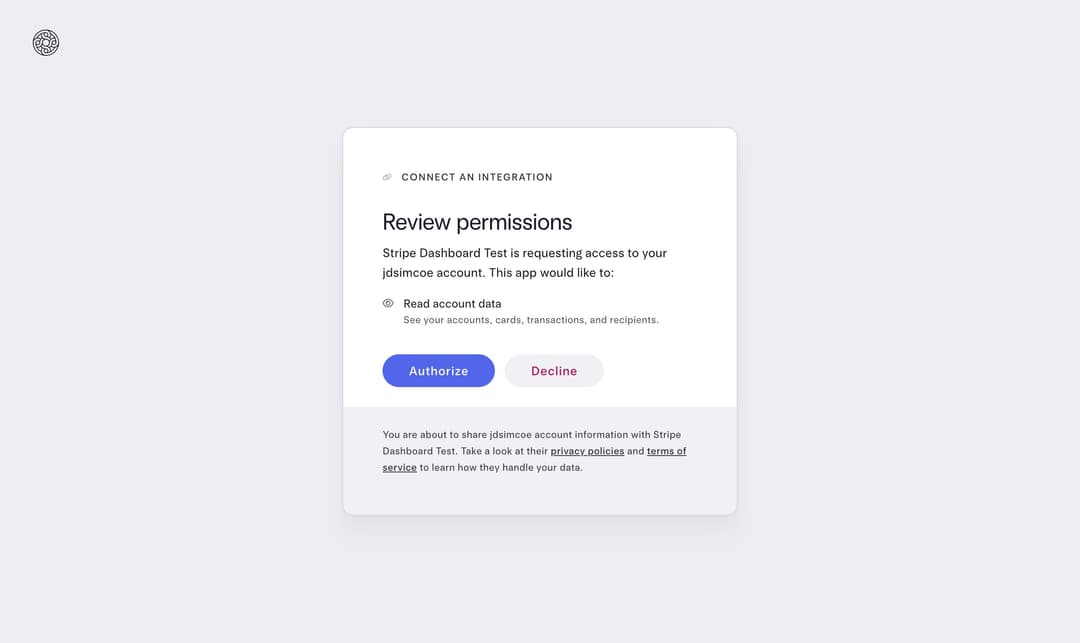 The Mercury-side permission handoff into Stripe